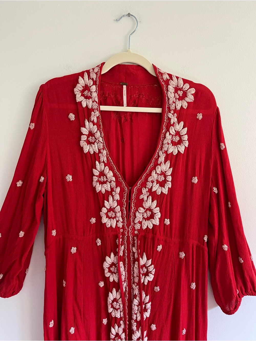Free People Embroidered Fable Red Midi Dress Boho Flowy Hippie Lightweight Large - Picture 4 of 10